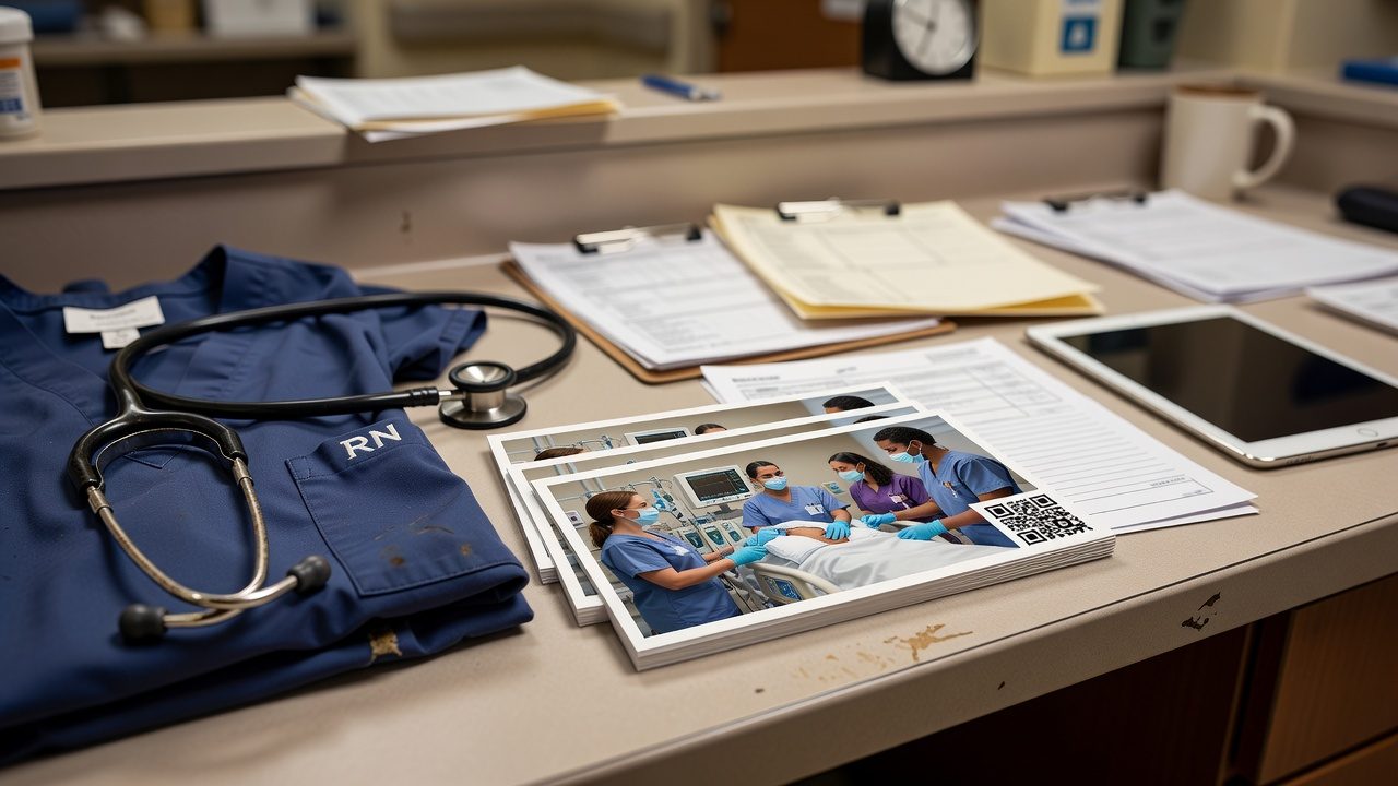Medical scrubs and a stethoscope lie beside clipboards, forms, a tablet, and printed clinical photographs on a hospital work counter.