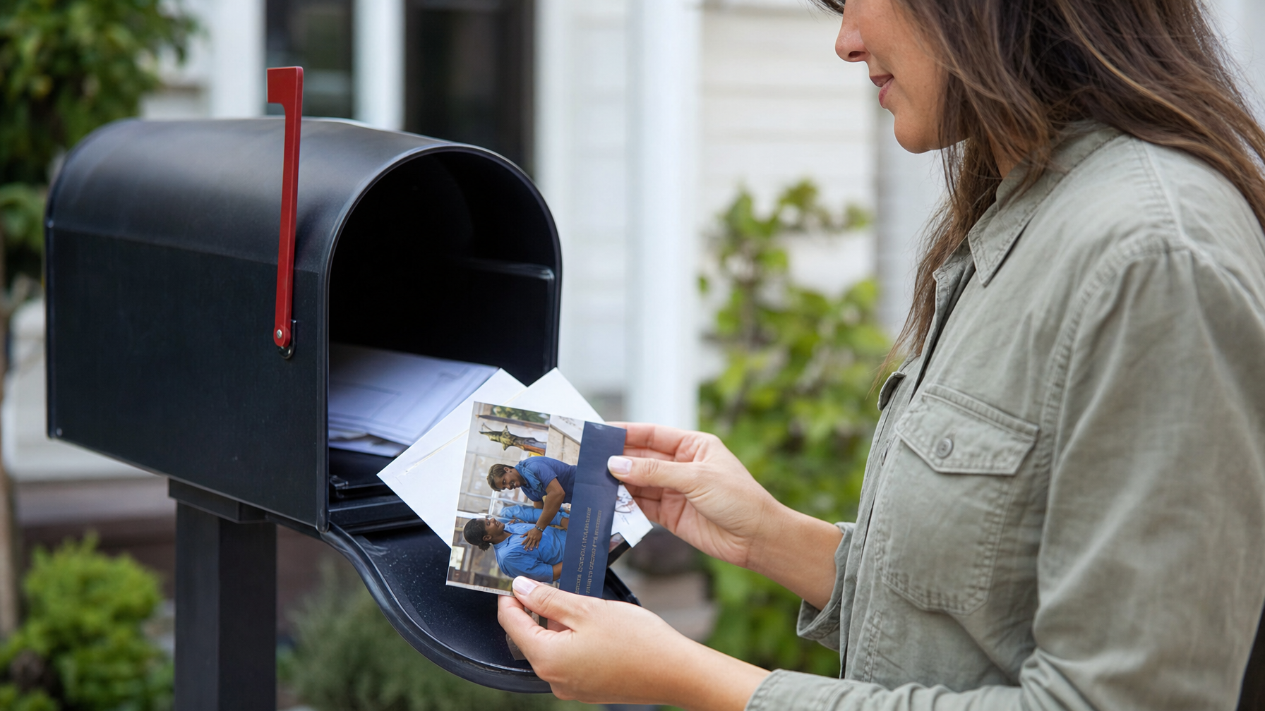 A person holds a postcard showing two people in blue uniforms while removing mail from a black mailbox outside a home.