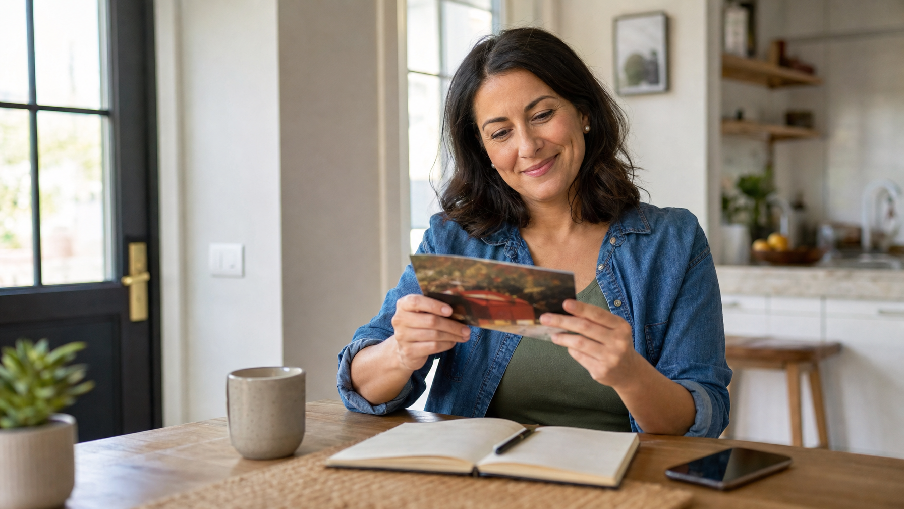 A woman looks at a postcard while seated at a wooden table with a notebook, pen, mug, and phone in a bright home interior.