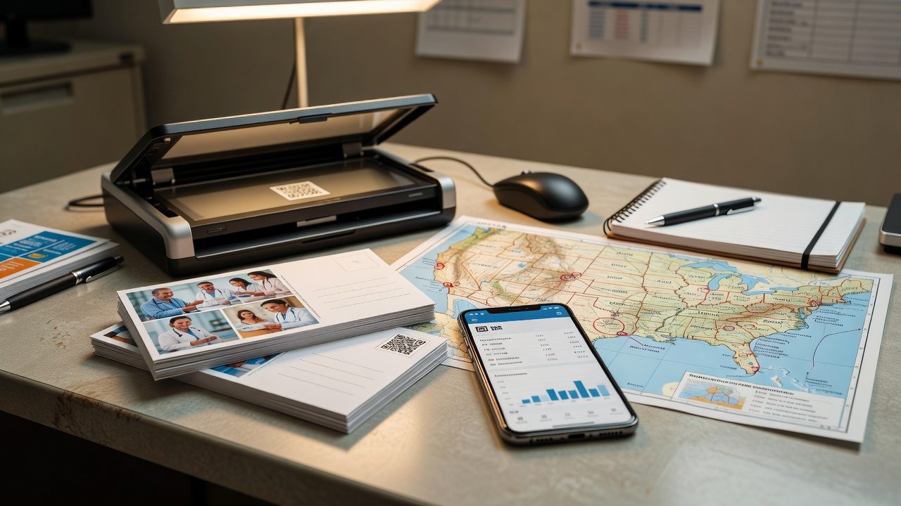 A desktop scanner sits beside stacks of postcards, a map of the United States, a smartphone with charts, and a notebook in an office workspace.