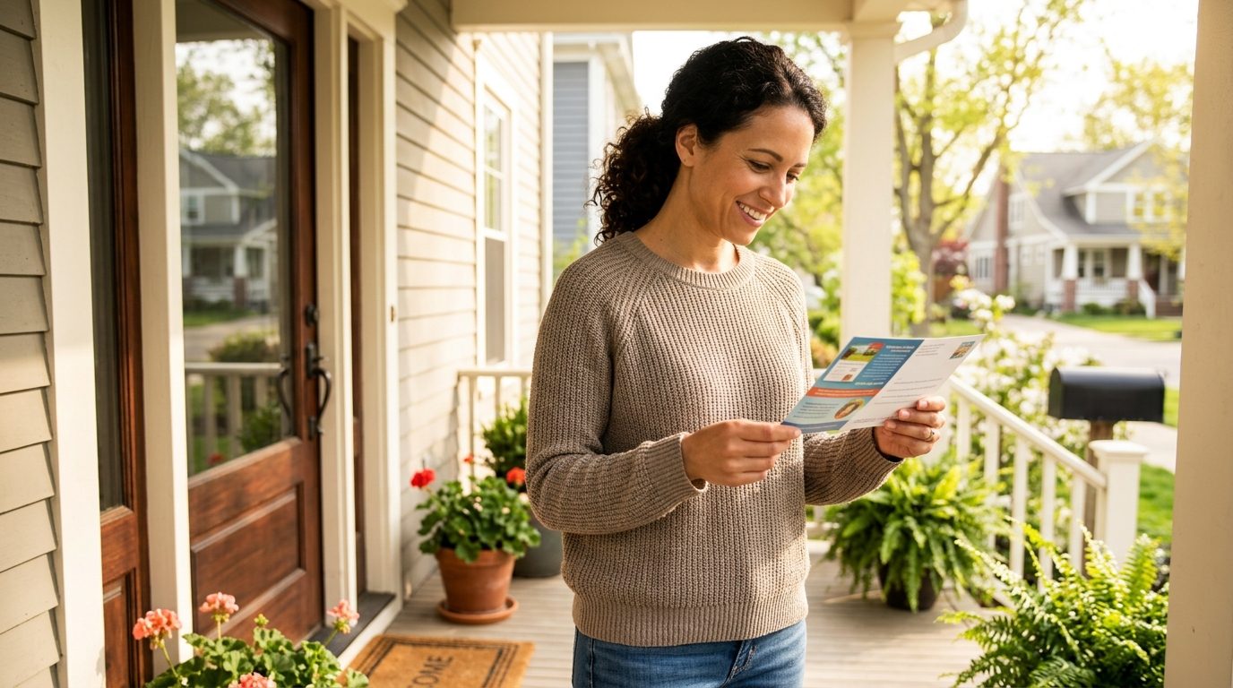 A person reads a colorful brochure while standing on a residential front porch.
