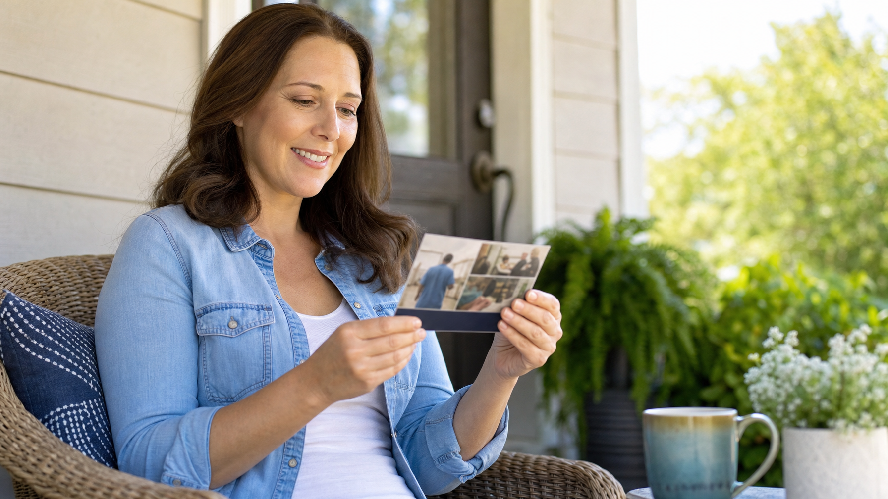 A woman smiles while holding a postcard on a wicker chair on a sunny porch, with a mug and potted plants nearby.