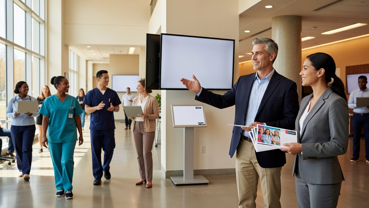 A suited man gestures beside a woman holding brochures as people, including workers in medical scrubs, move through a bright institutional lobby.