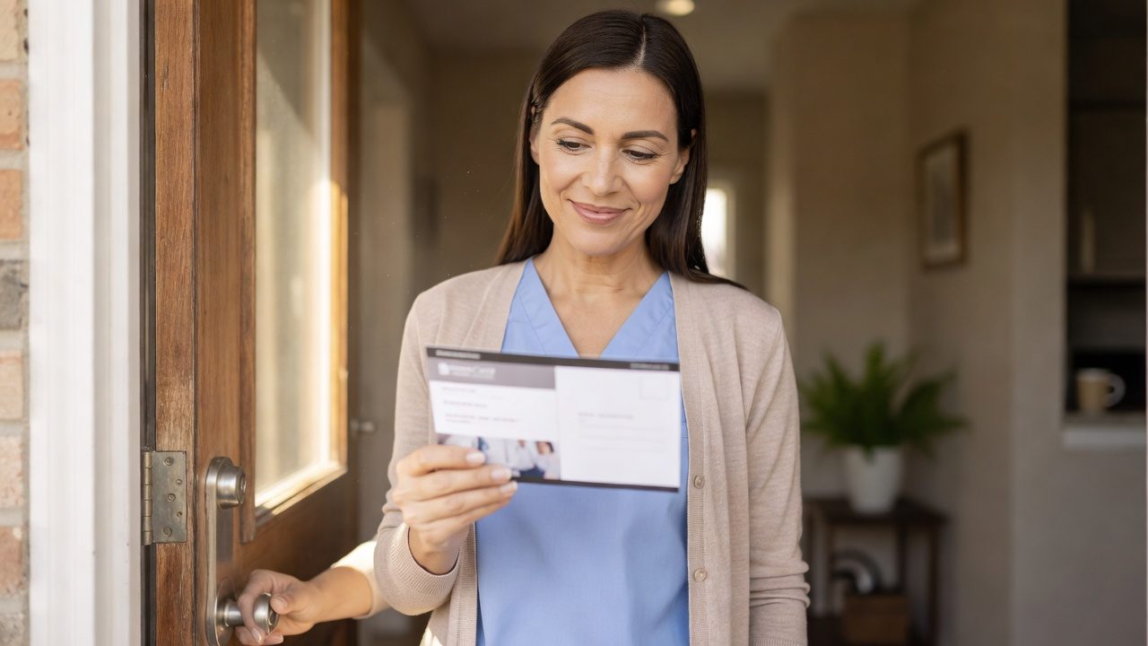 A person in blue scrubs and a cardigan holds a blurred postcard while standing in an open residential doorway.