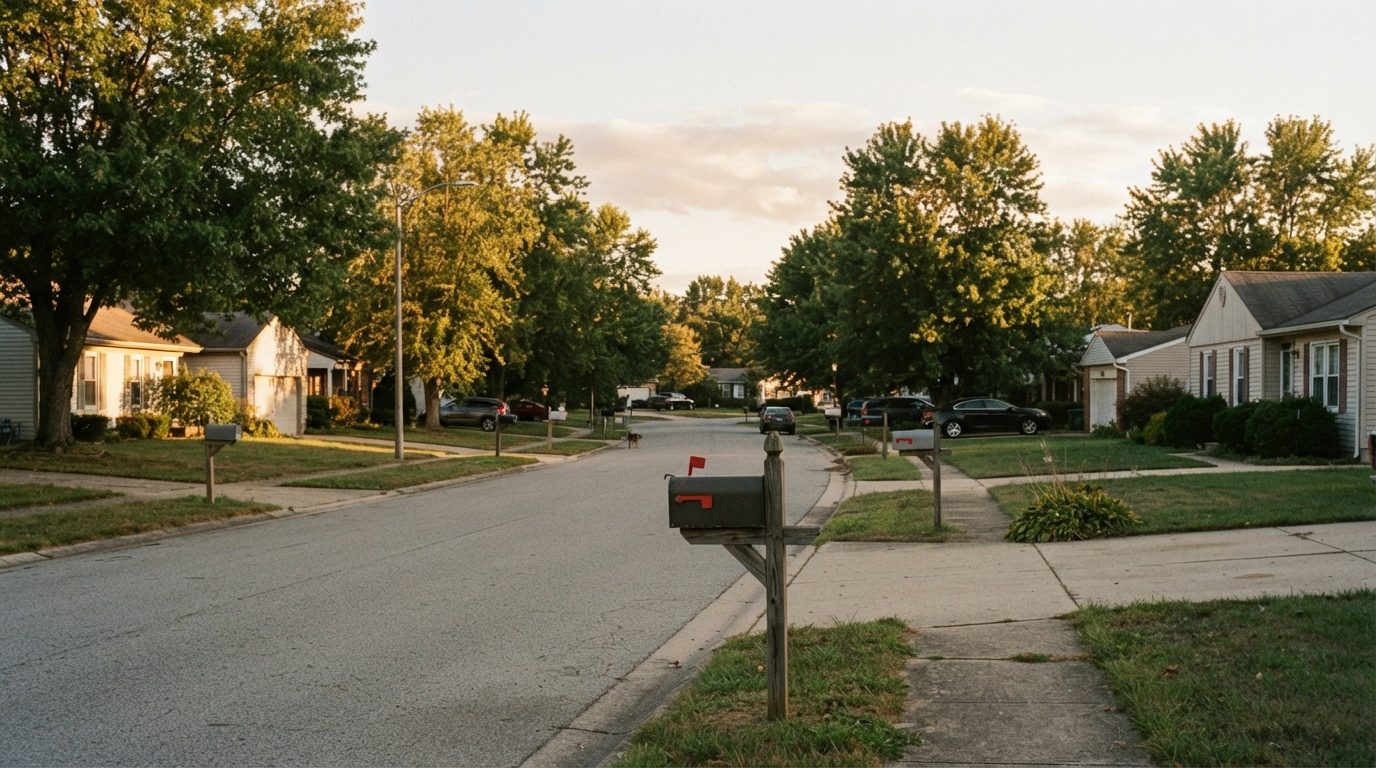 Several mailboxes stand along a quiet residential street lined with single-story homes and trees in warm evening light.