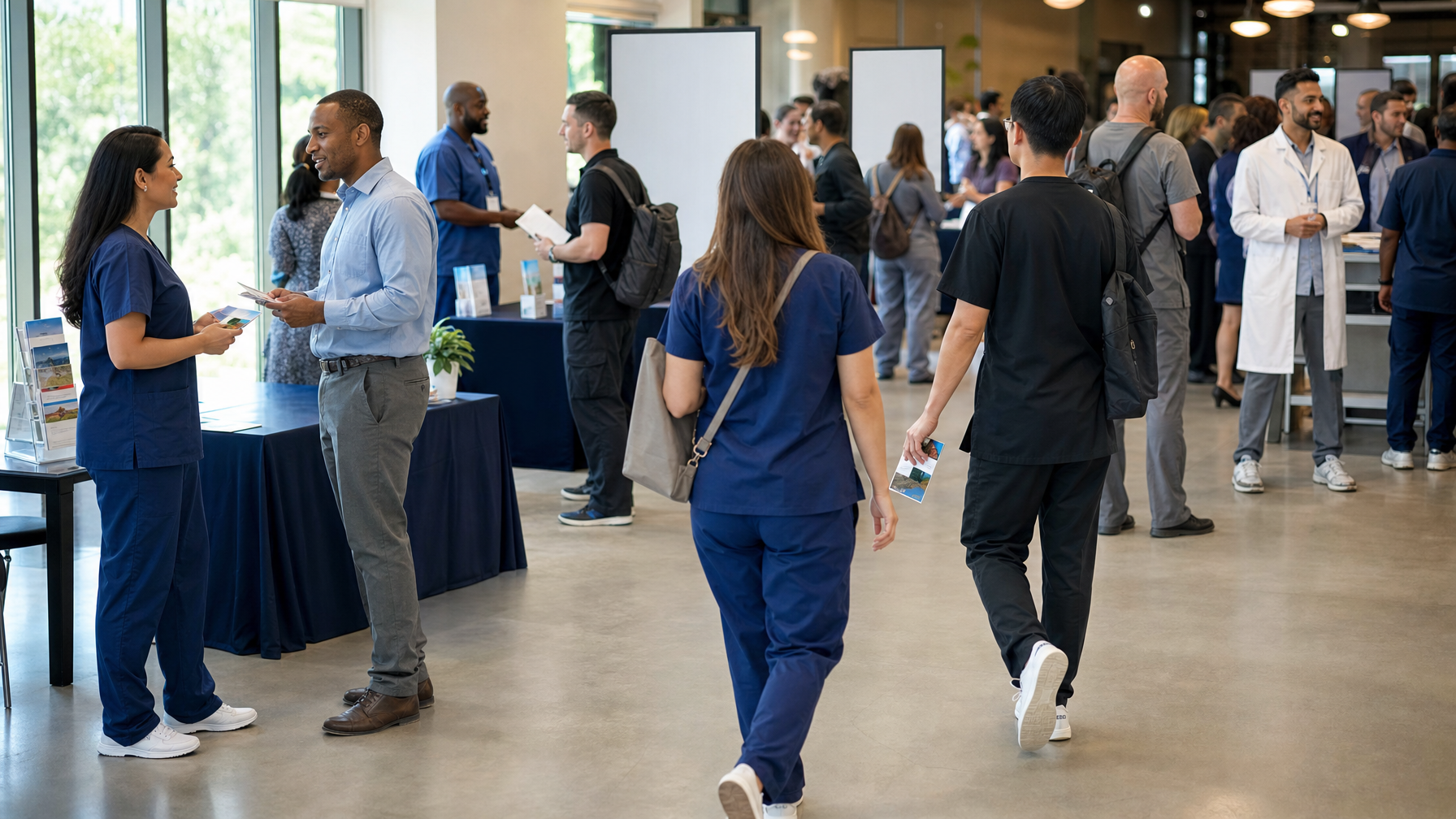 People in medical scrubs and casual clothing mingle and exchange brochures at a busy career fair in a bright indoor hall.