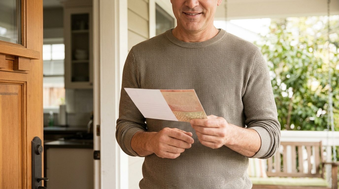 A person in a knit sweater holds a printed card while standing in an open doorway leading to a porch.