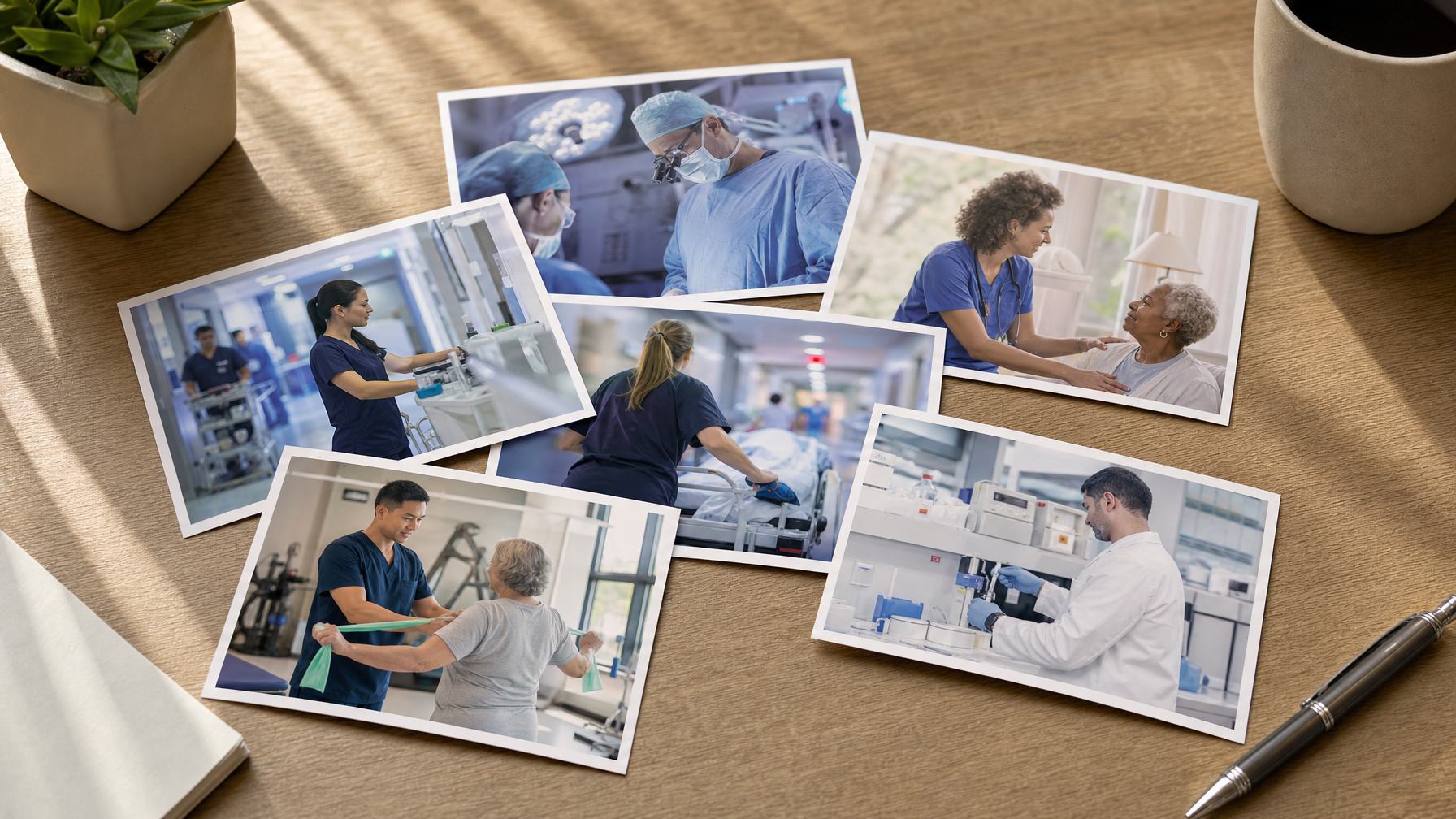 A collage of healthcare workers performing surgery, patient care, hospital transport, rehabilitation, and laboratory work, arranged on a wooden desk.