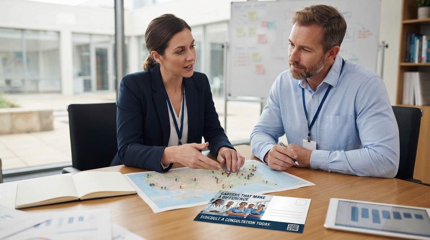 Two colleagues lean over a printed map of the United States marked with coloured pins, a recruiting postcard on the table beside it.