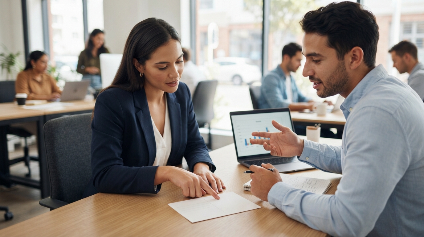 Two colleagues sit across a table in an open-plan office, looking together at a plain unprinted card, with an open laptop showing a simple chart and a notepad beside them.