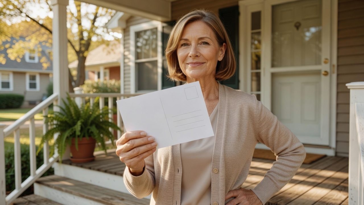 A person holds an unmarked postcard on the porch of a house.