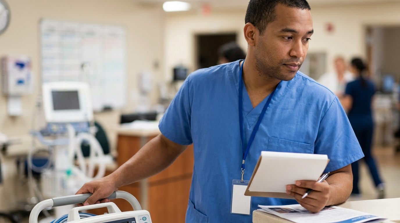 A healthcare worker in blue scrubs holds a clipboard and pen beside medical equipment in a hospital ward.