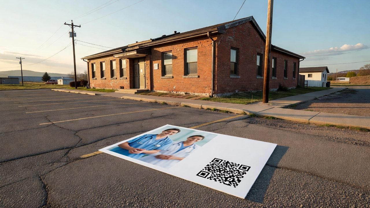A printed flyer with a QR code and a photograph of two people in blue clothing lies in a cracked parking lot outside a low brick building.