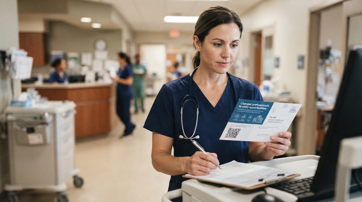 A nurse in navy scrubs writes on a clipboard while holding a printed card beside a computer in a hospital corridor.