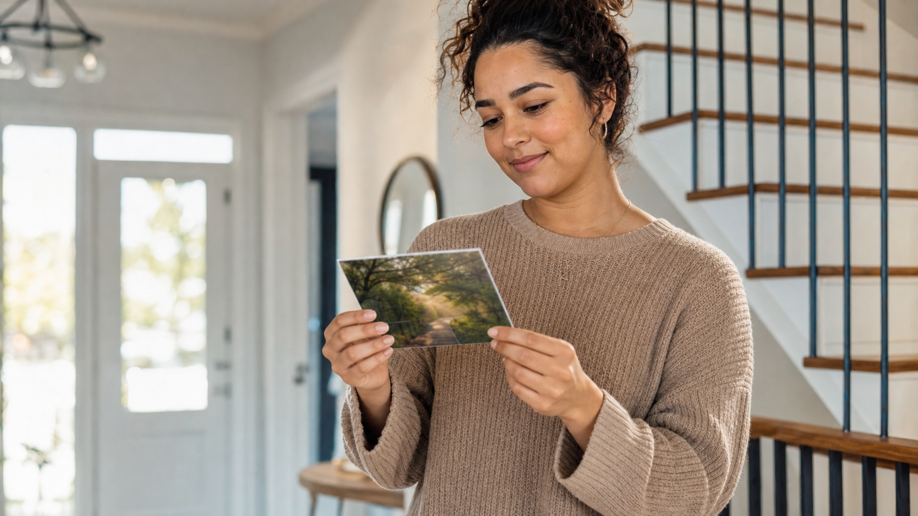 A person smiles while holding a picture postcard in a bright home entryway beside a staircase.