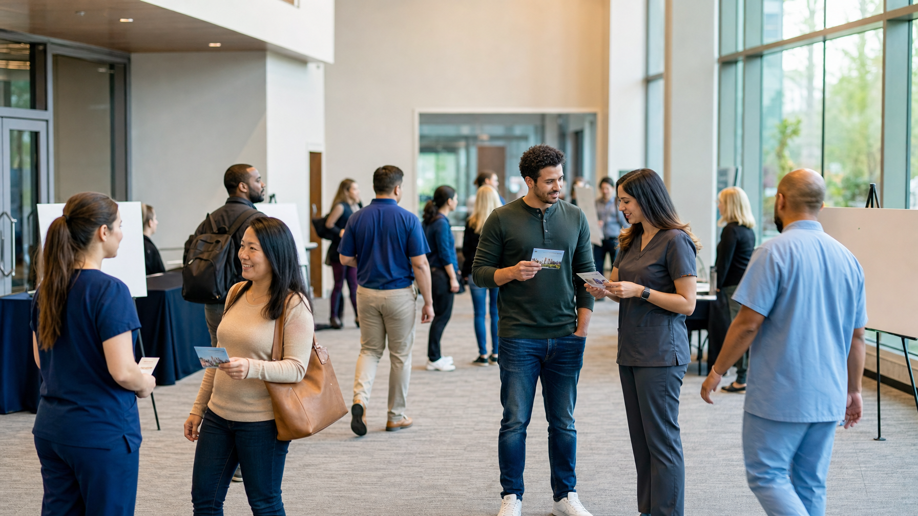 People mingle and exchange brochures in a bright indoor event hall, including several people wearing scrubs.