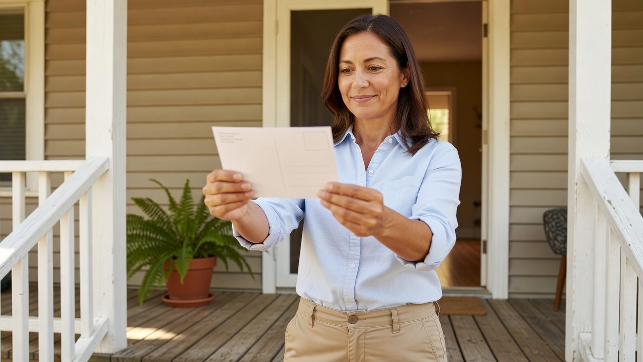 A woman reads a postcard while standing on the front porch of a house.