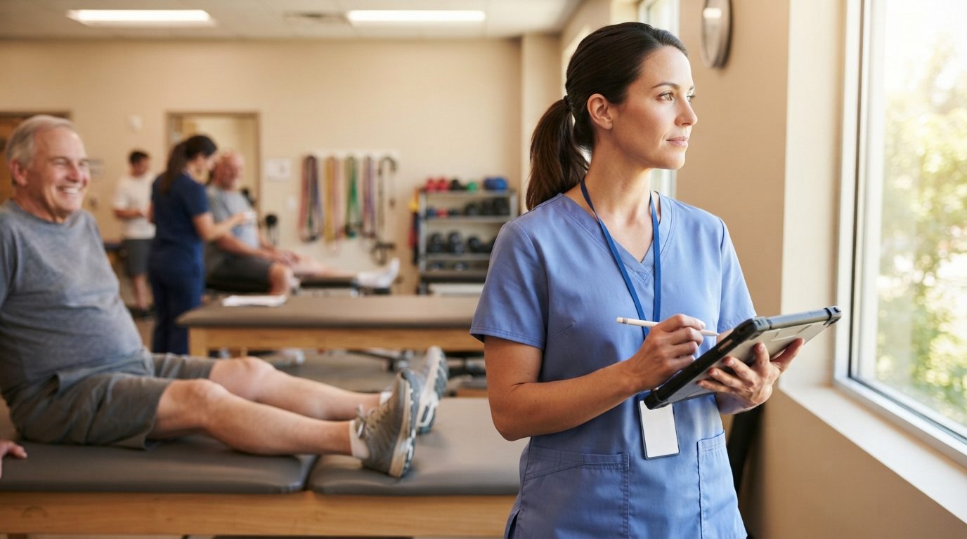 A physical therapist in blue scrubs writes on a tablet in a bright rehabilitation clinic, with a patient exercising on a therapy table and other people in the background.