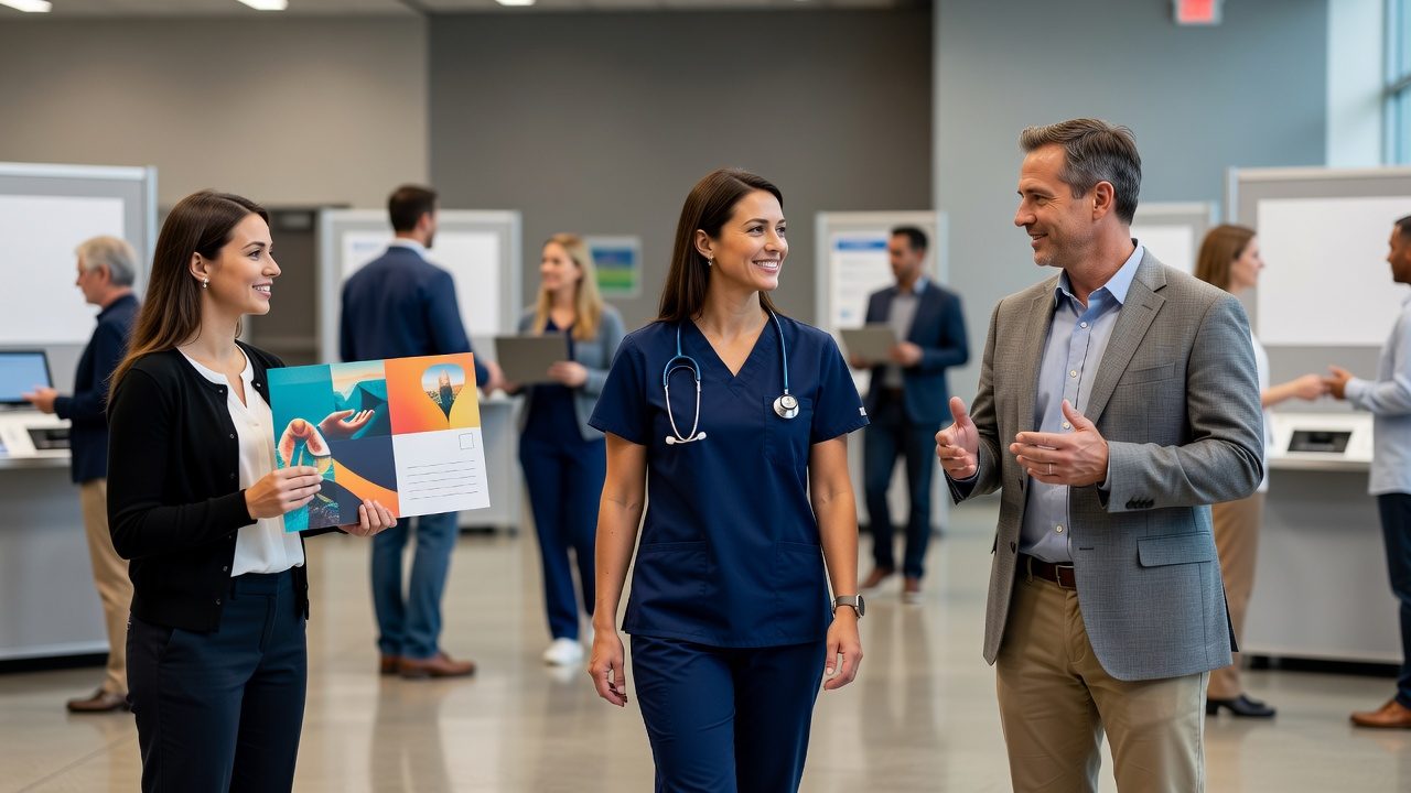 A healthcare worker in scrubs and a person in a blazer converse beside someone holding a brochure in a busy indoor presentation area.