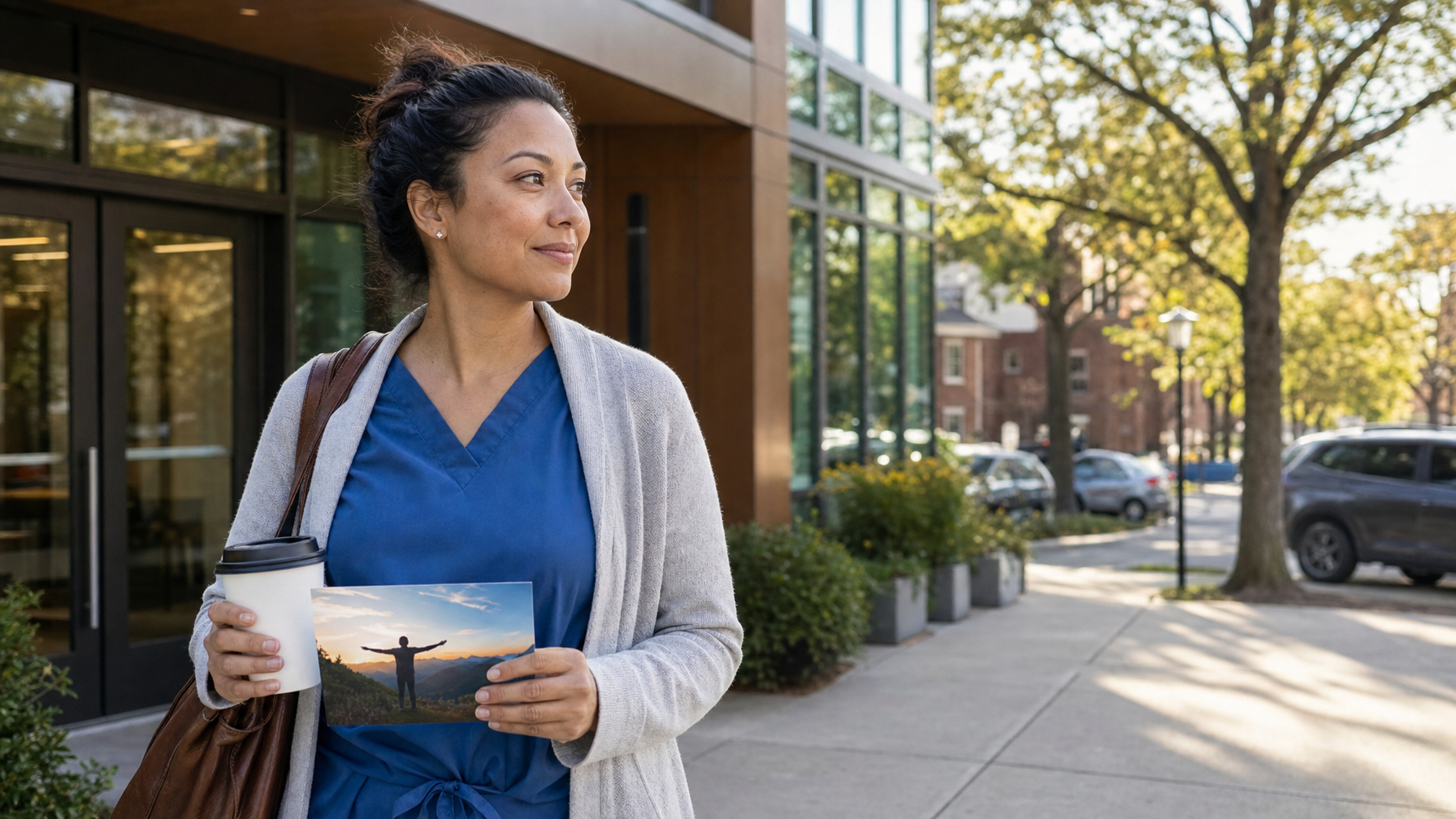A person in blue medical scrubs holds a takeaway cup and a landscape photograph outside a modern building.