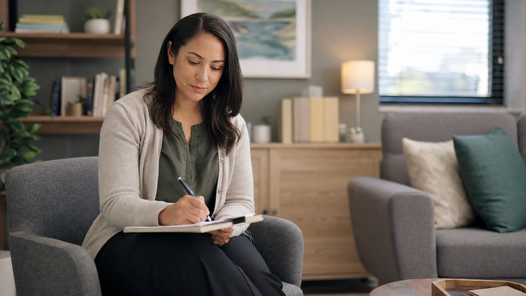 A woman writes in a notebook while seated in an armchair in a comfortable, home-like room with shelves, plants, and another chair.