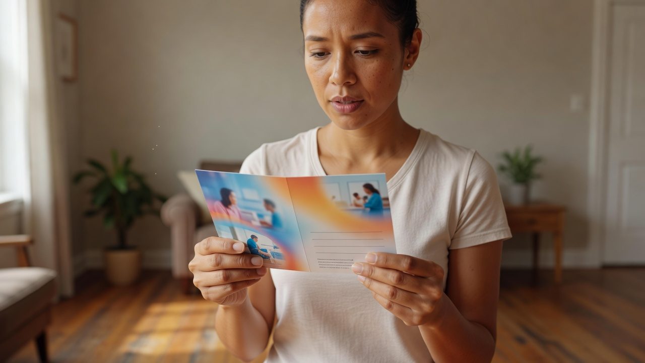 A person reads a colorful brochure while standing in a warmly lit living room.