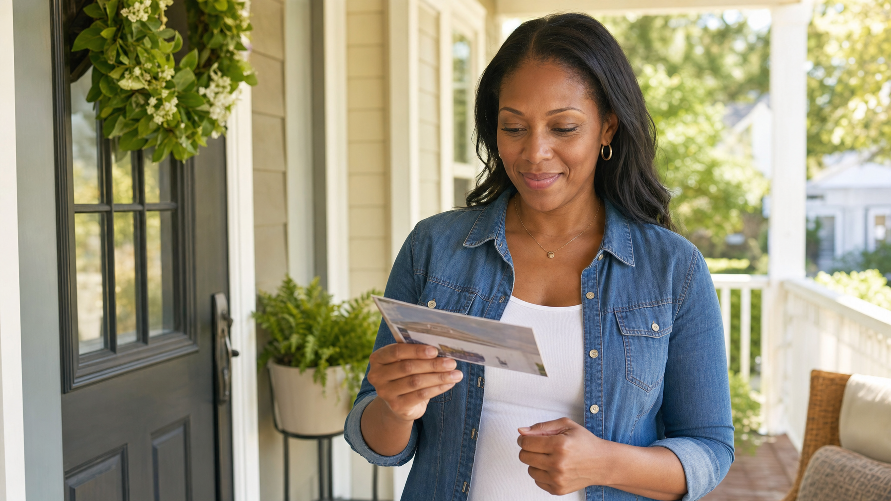 A woman reads a printed mailer while standing on the covered porch of a house.