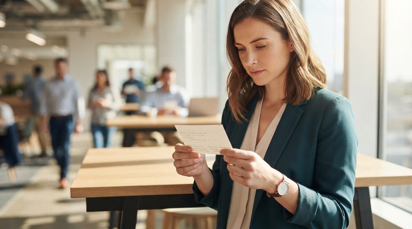 A woman in a blazer reads a printed card in a bright, open office, with several people and tables behind her.