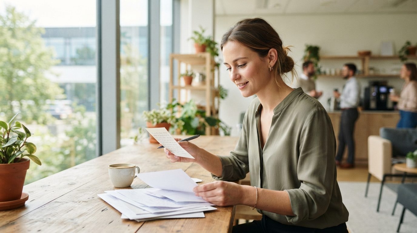 A person reviews printed papers with a pen at a wooden table in a bright, plant-filled cafe or office lounge.