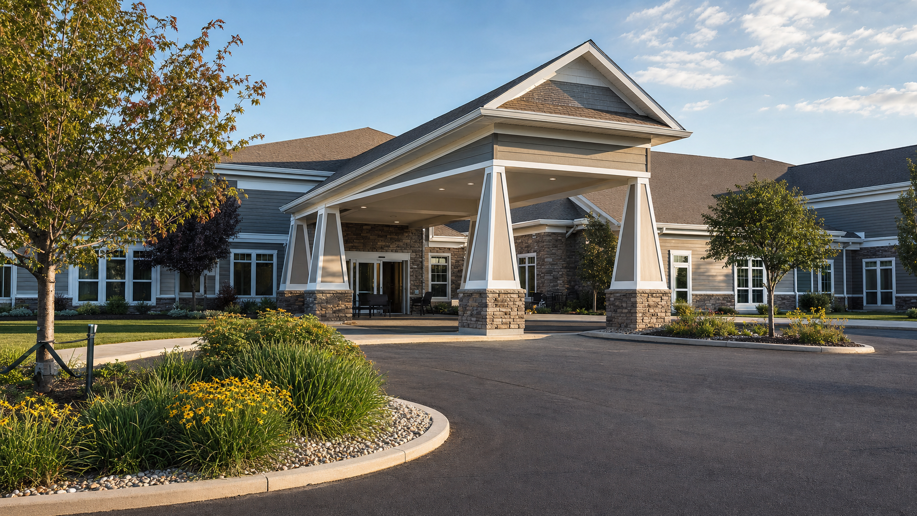 A landscaped building entrance with a covered driveway, stone columns, trees, flower beds, and a broad paved forecourt under a partly cloudy sky.