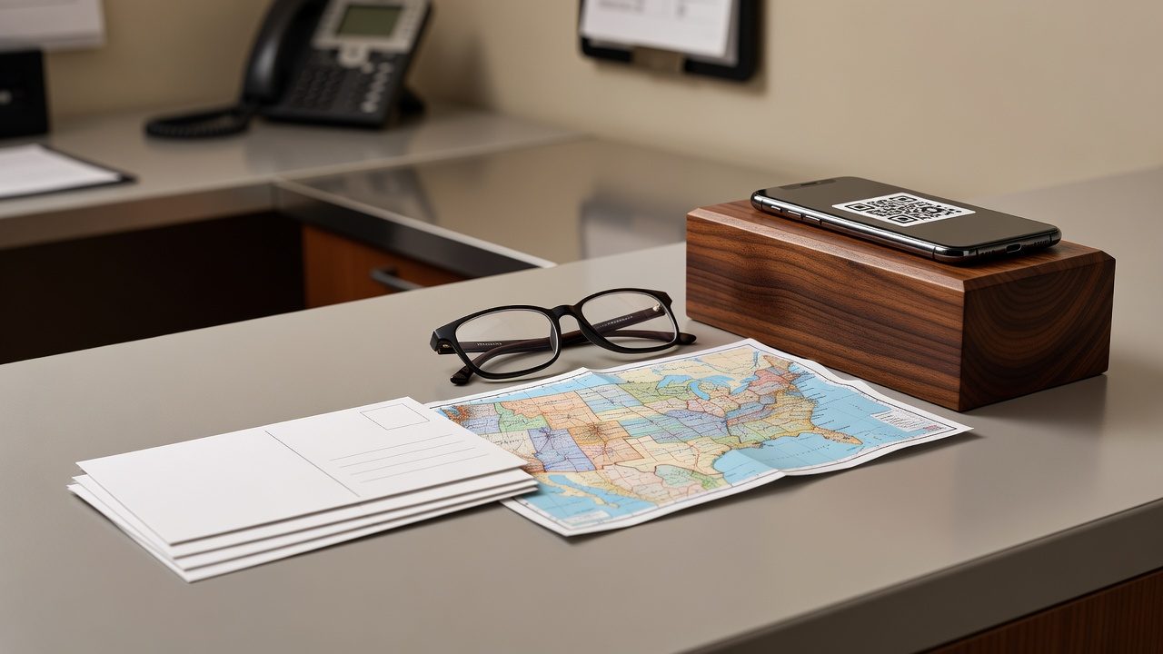 A desk holds a folded map, a stack of blank postcards, eyeglasses, and a smartphone displaying a QR code, with a telephone and papers in the background.
