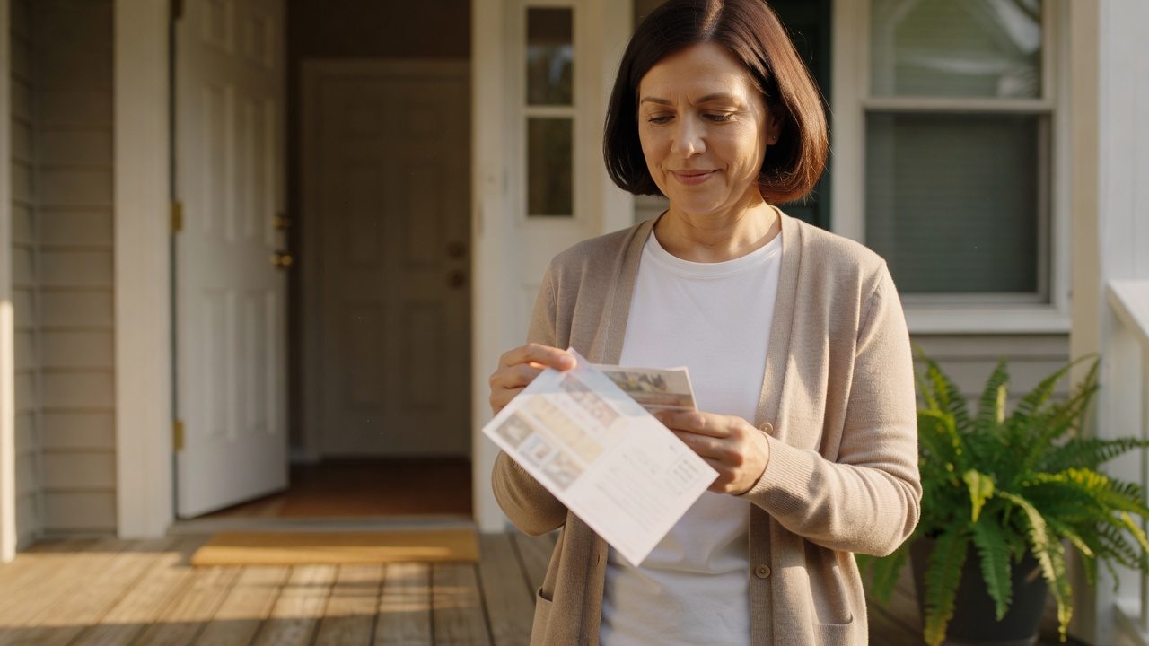 A woman looks over papers while standing on a sunlit residential porch beside an open front door.