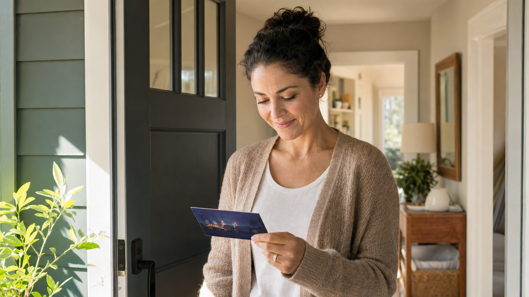 A woman reads a postcard while standing in the doorway of a sunlit home.