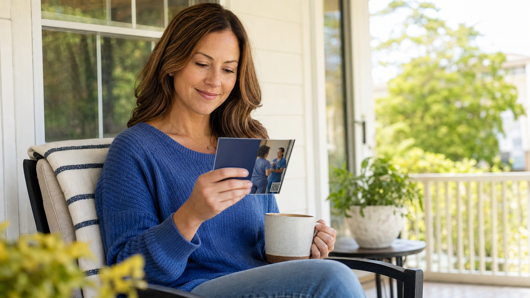A seated woman looks at a printed postcard while holding a mug on a bright home porch.