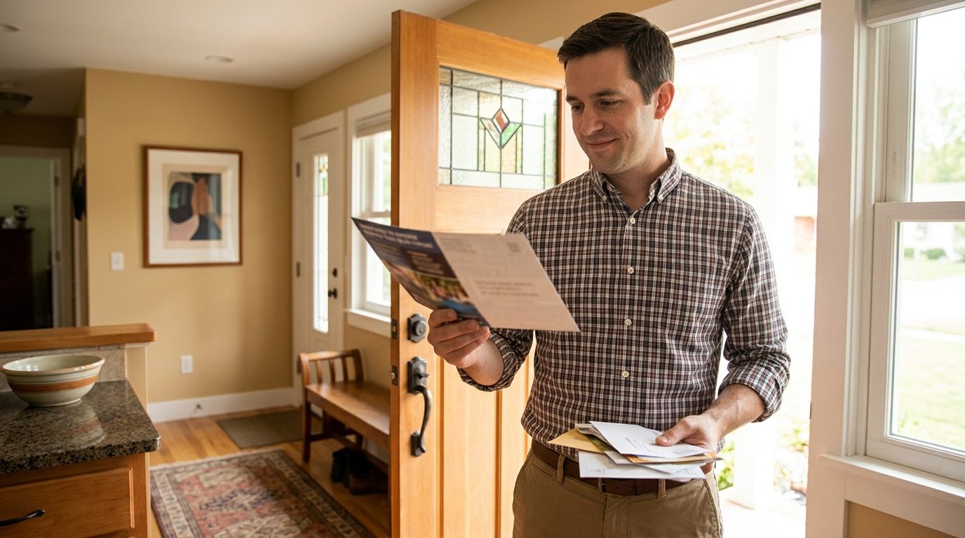 A man reads a printed flyer while holding several pieces of mail in the doorway of a home.
