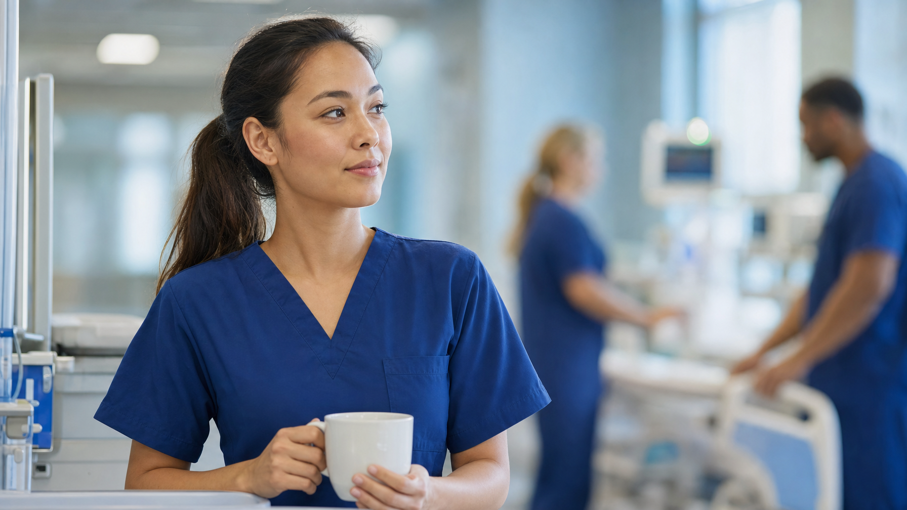 A nurse in blue scrubs pauses with a cup of coffee during a shift on a hospital ward, with two colleagues working at a patient bed in the background.