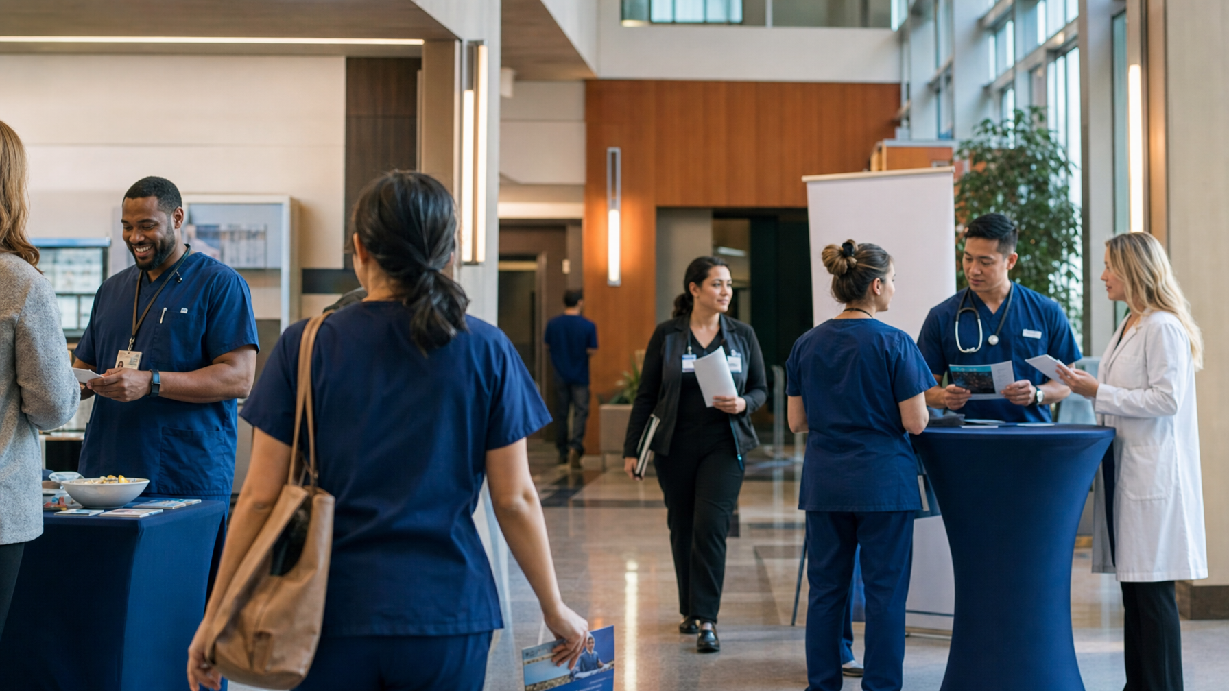 Healthcare workers in scrubs and a white coat talk with attendees at information tables in a bright institutional lobby.