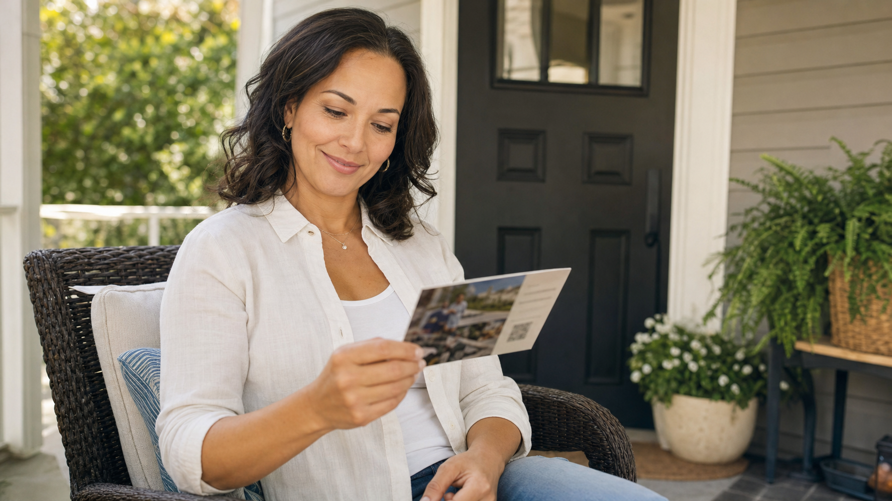 A seated person smiles while reading a postcard in a wicker chair on a home porch.