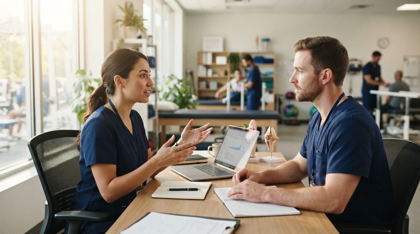Two healthcare workers in scrubs discuss documents across a table with a laptop in a bright rehabilitation room, while other people exercise in the background.
