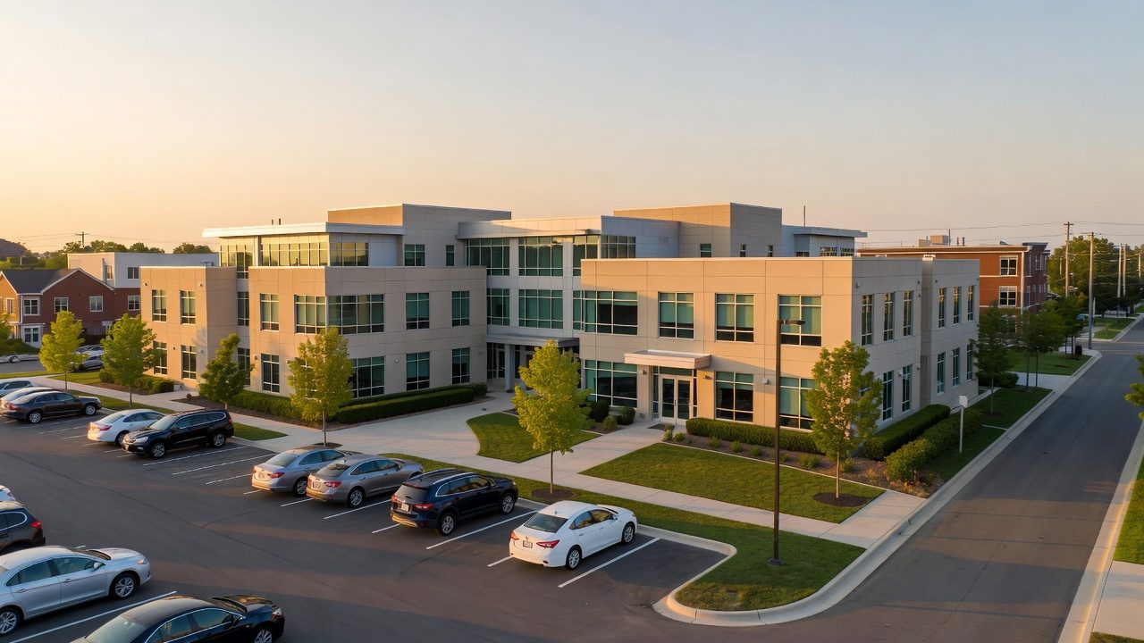 A modern multi-story institutional building with large windows, landscaped grounds, sidewalks, and a parking lot filled with cars at sunset.