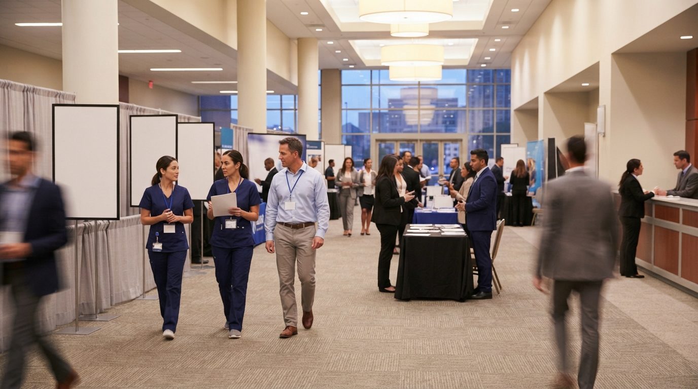 People wearing badges walk through a busy indoor event with display panels and tables.