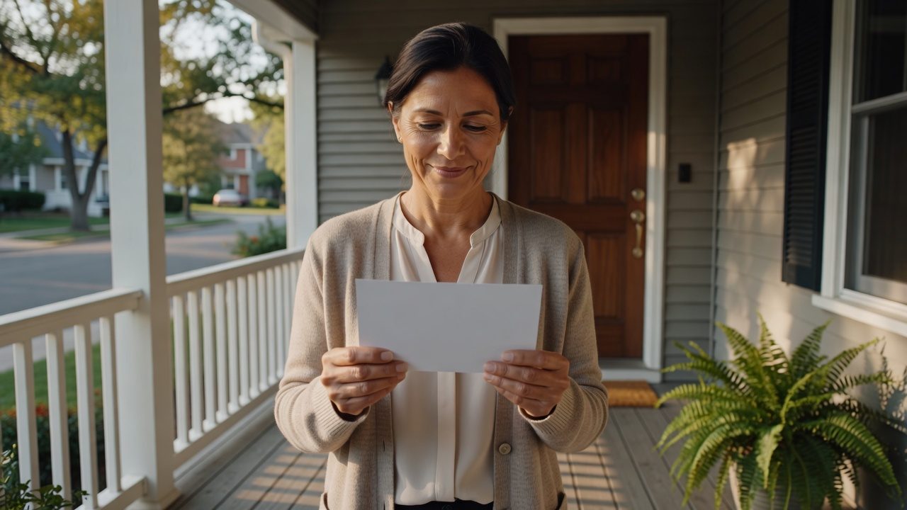 A person stands on a residential porch, looking at and holding a blank sheet of paper.