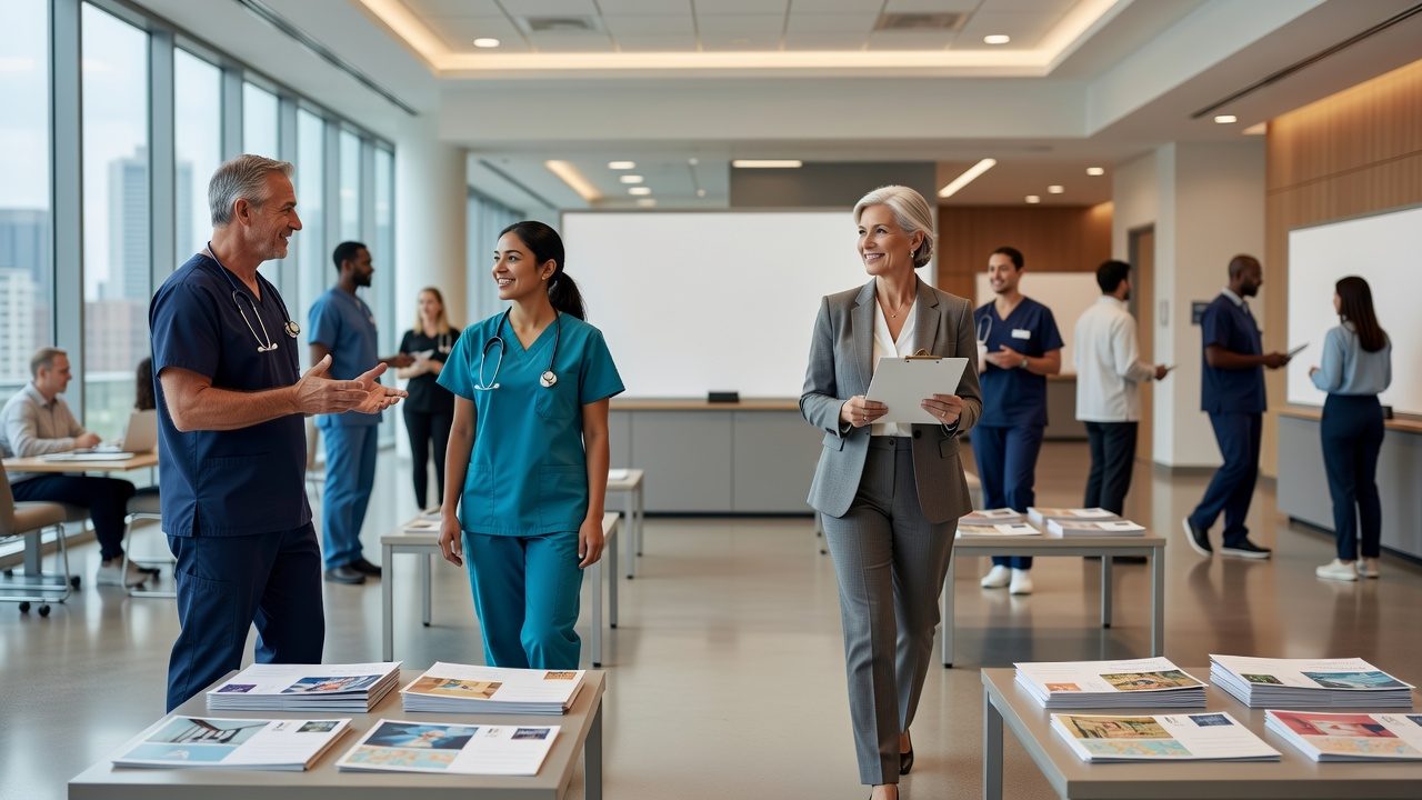 Healthcare workers in scrubs, including two with stethoscopes, converse with a suited woman holding a clipboard in a bright hospital-like conference room with tables of brochures.