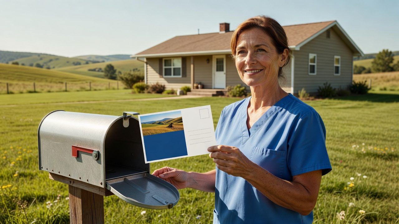 A healthcare worker in blue scrubs holds a postcard beside an open rural mailbox, with a farmhouse and rolling fields behind her.