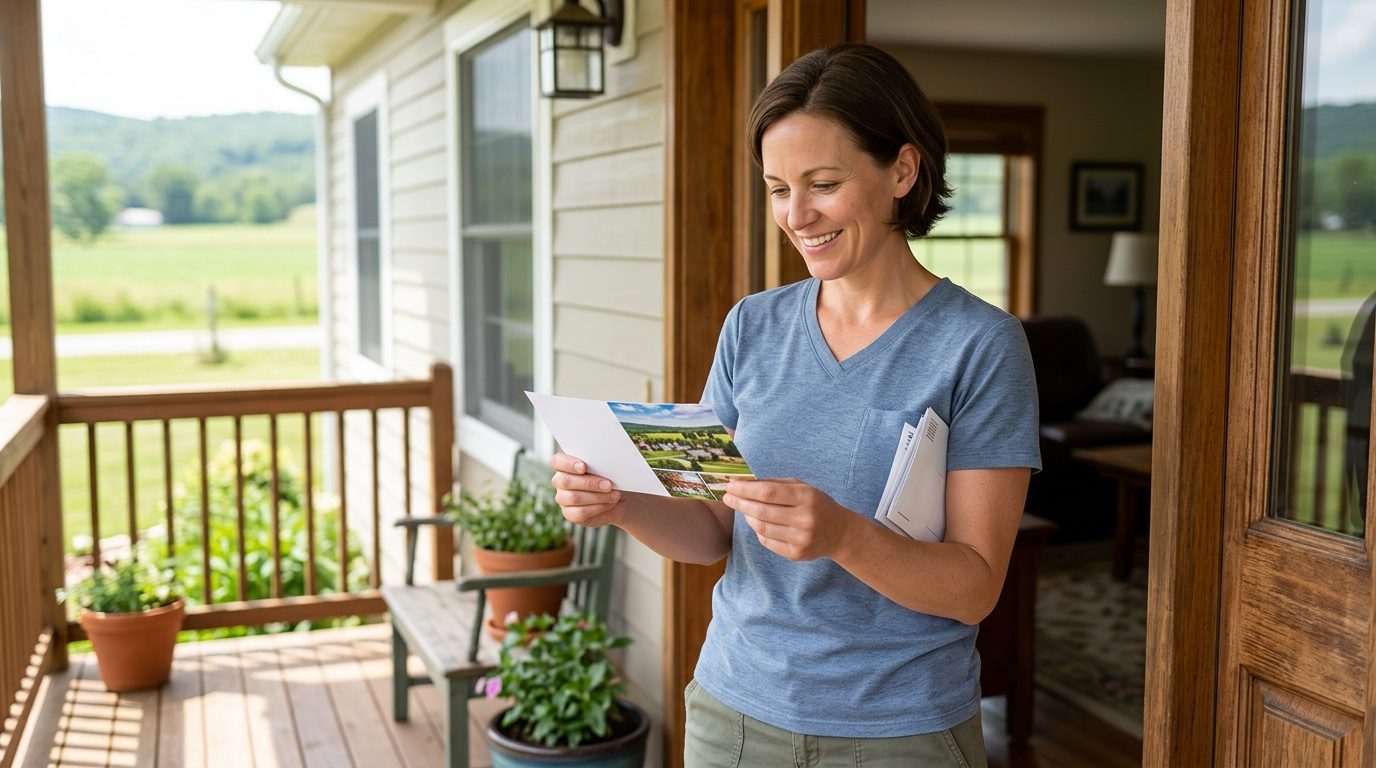A smiling woman holds a landscape brochure and papers in the doorway of a rural home, with a porch, potted plants, fields, and hills behind her.