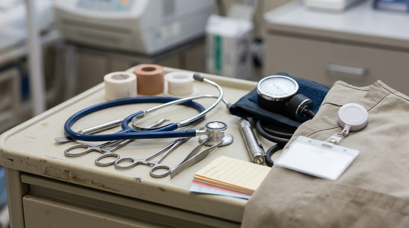 Medical instruments, a stethoscope, blood pressure cuff, and supplies rest on a cart in a clinical room.