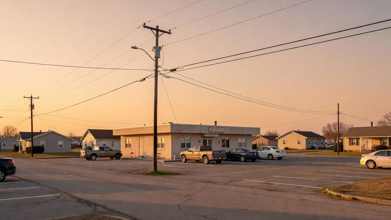 A utility pole and overhead wires stand beside a parking lot and low buildings at sunset in a residential neighborhood.