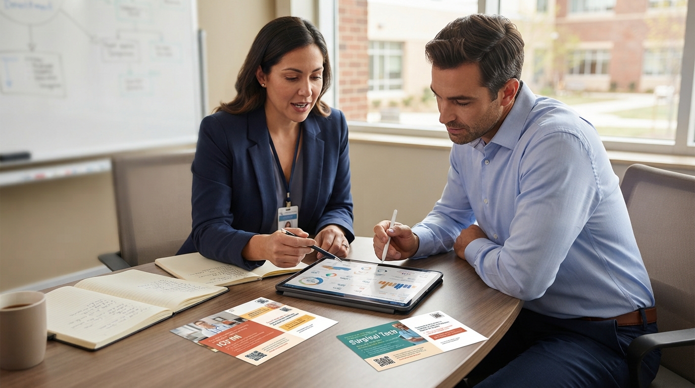 Two colleagues review a tablet of charts, with two recruiting postcards labelled for ICU RN and Surgical Tech roles on the table beside them.