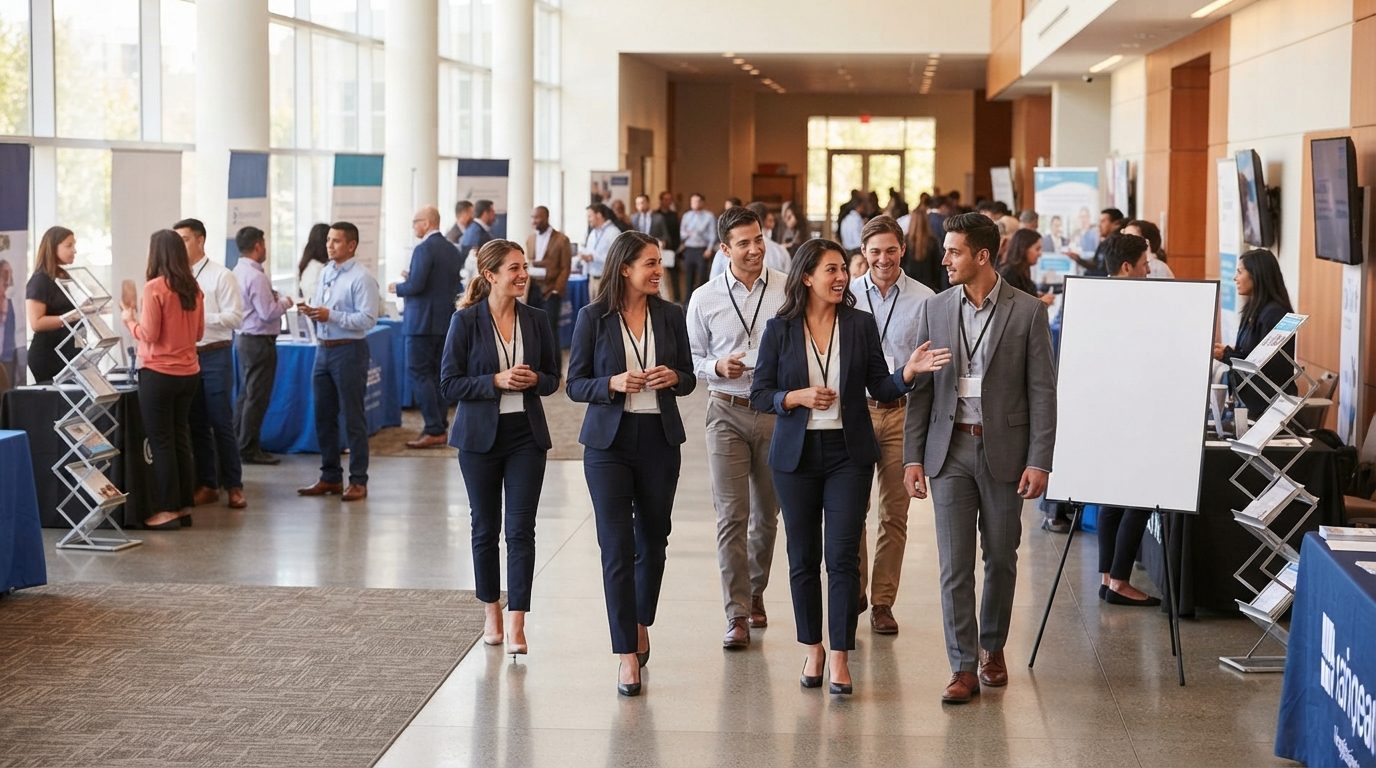 People walk and talk among booths and display stands in a bright indoor networking event hall, with a blank presentation board in the foreground.