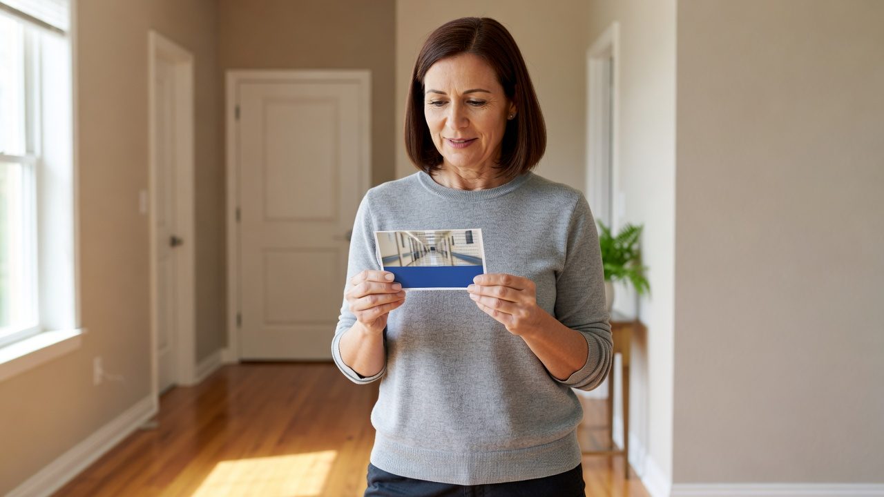 A person looks down at a postcard held in both hands in a sunlit residential hallway.